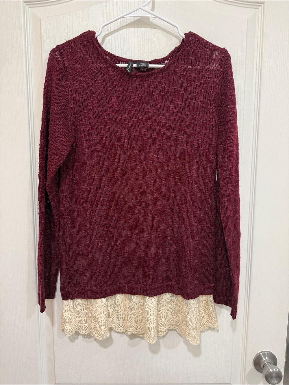 new directions Burgundy Knit Long-Sleeve Top with Cream Lace Hem